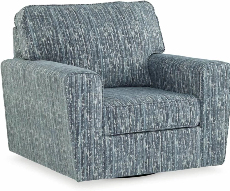 Signature Design by Ashley Aterburn Modern Swivel Accent Chair - Blue & Green Abstract Stripe, Track Arms, 360° Metal Base, Removable Cushions