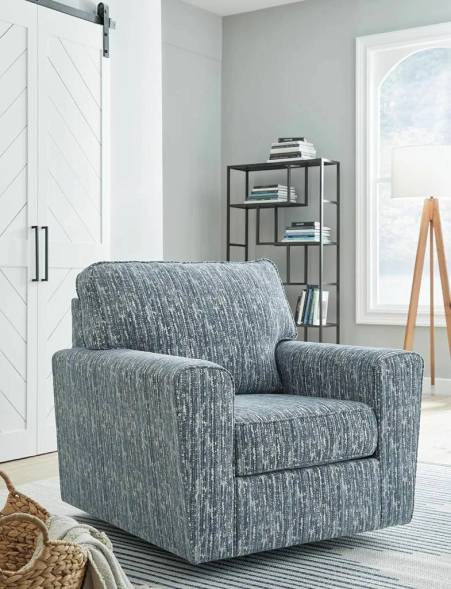 Signature Design by Ashley Aterburn Modern Swivel Accent Chair - Blue & Green Abstract Stripe, Track Arms, 360° Metal Base, Removable Cushions