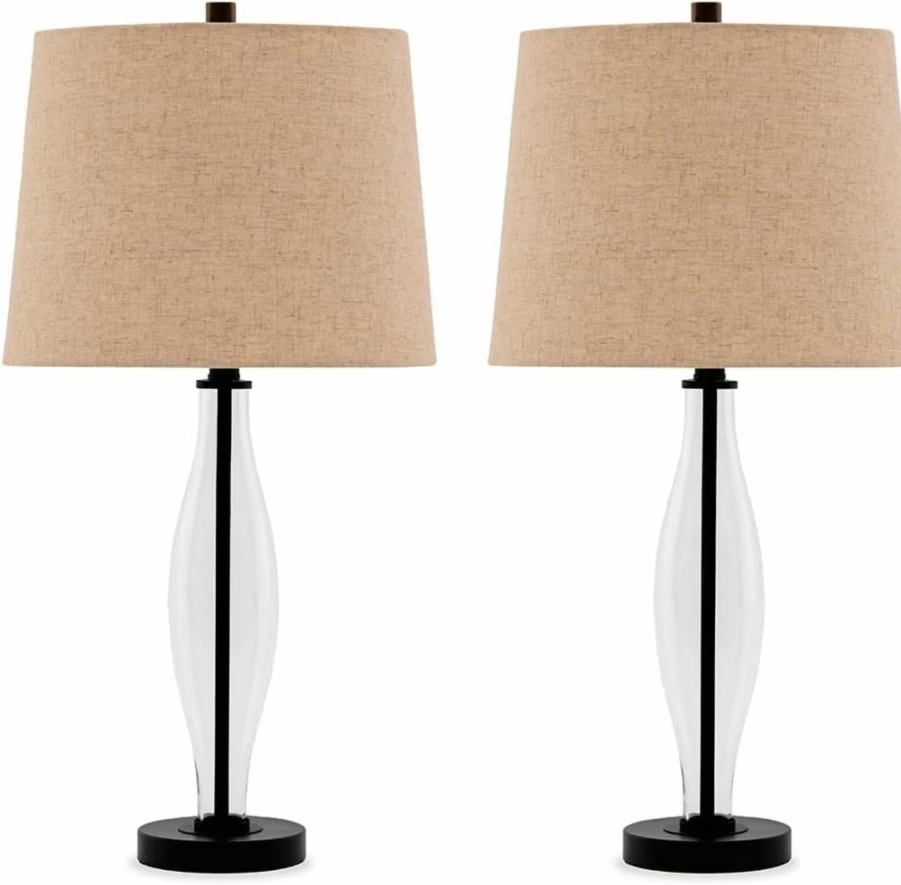 Signature Design by Ashley Travisburg 28.75" Glass Table Lamp Set - 2-Pack Beige & Black Casual Lighting for Living Room, Bedroom