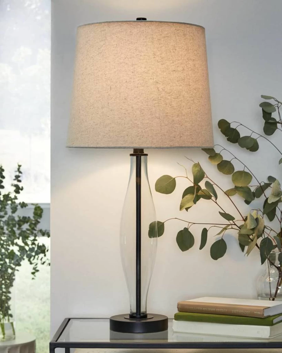 Signature Design by Ashley Travisburg 28.75" Glass Table Lamp Set - 2-Pack Beige & Black Casual Lighting for Living Room, Bedroom