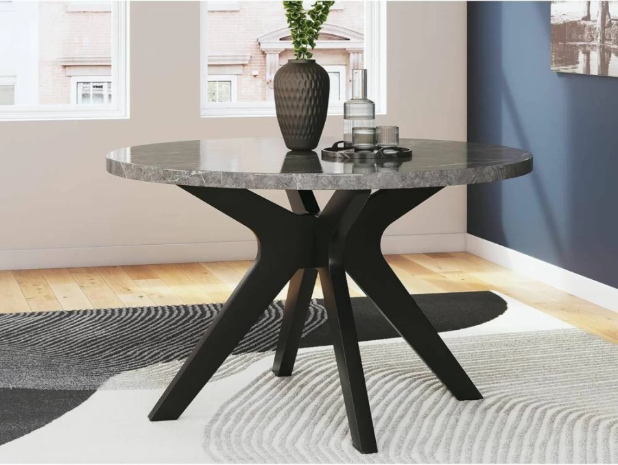 Signature Design by Ashley Glinari Modern Faux Marble Dining Table with Cross Base in Gray & Black