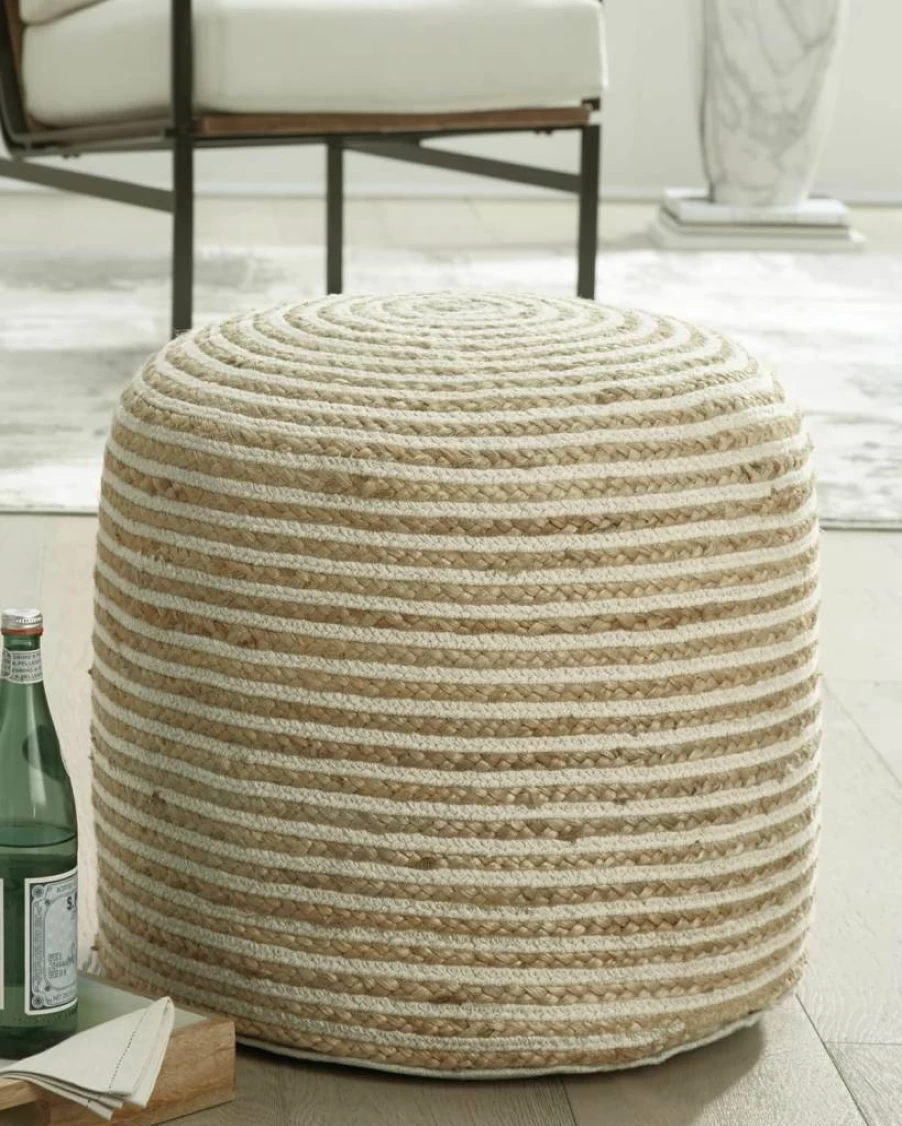 Signature Design by Ashley Sweed Valley Farmhouse Pouf - 19x19 Inch & 17.5x20.25 Inch Jute Cotton Blend Footstool Ottoman