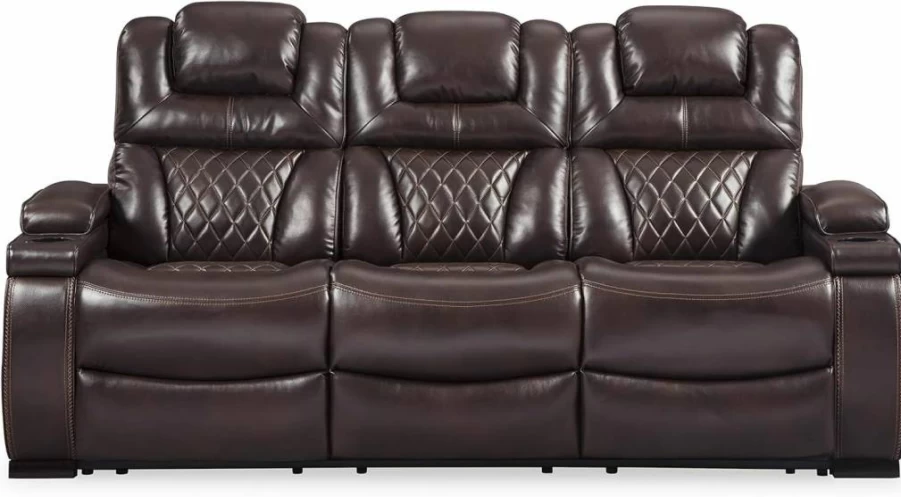 Signature Design by Ashley Warnerton Power Reclining Sofa with Adjustable Headrest - Genuine Leather, Brown - Modern Recliner Sofa for Living Room
