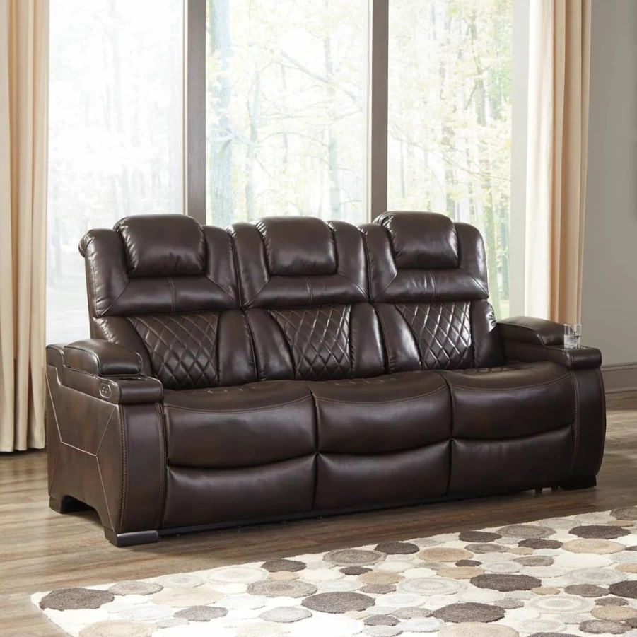 Signature Design by Ashley Warnerton Power Reclining Sofa with Adjustable Headrest - Genuine Leather, Brown - Modern Recliner Sofa for Living Room