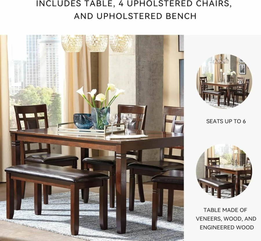 Signature Design by Ashley Stonehollow Farmhouse Dining Set - 6-Piece Table with Upholstered Chairs & Bench in White & Gray