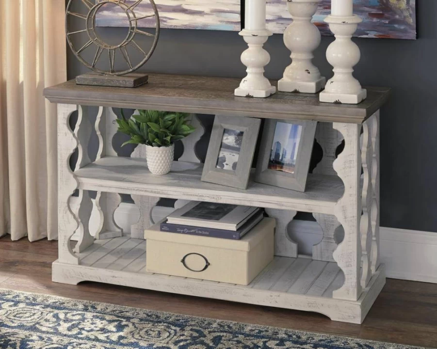 Signature Design by Ashley Havalance Farmhouse Sofa Table - Gray & White Weathered Finish, 2-Tier Storage Shelves, Console Table for Living Room