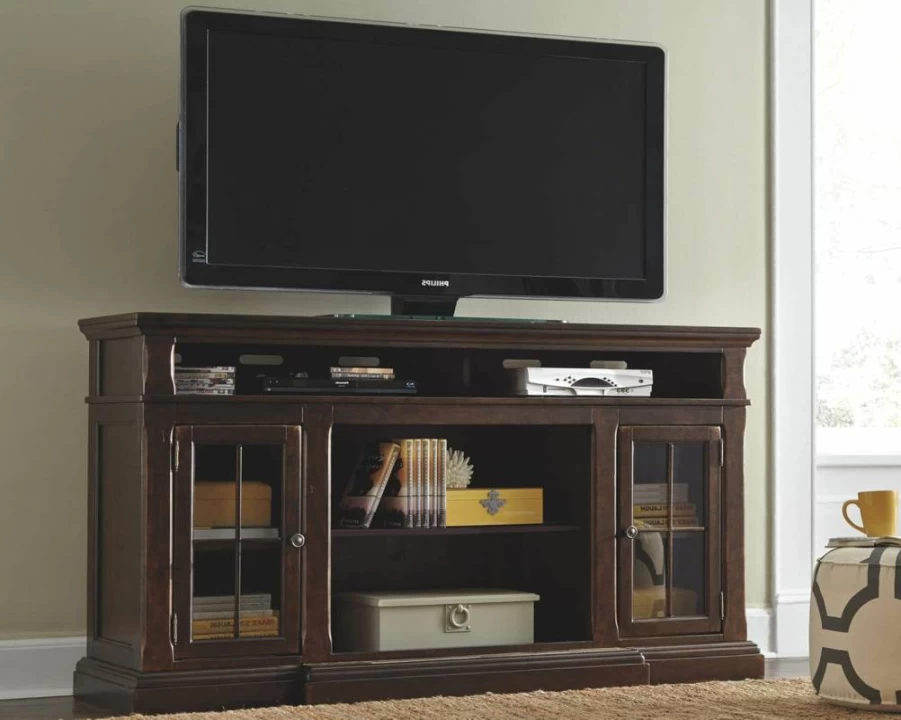 Signature Design by Ashley Roddinton 70" TV Stand with Fireplace, 2 Cabinets & Storage Shelves, Dark Brown Traditional Entertainment Center