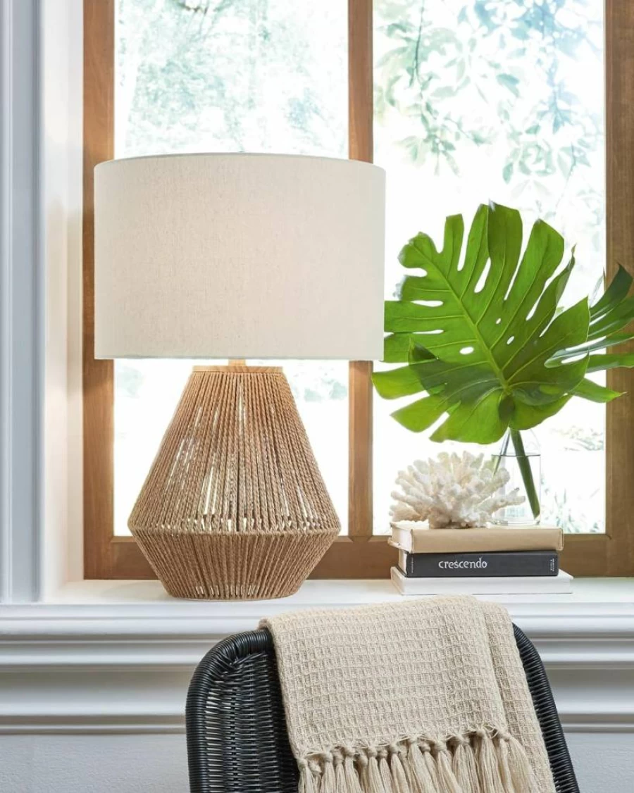 Signature Design by Ashley Clayman 23.5" Bohemian Table Lamp - Handwoven Paper Rope & Wood Base, Light Brown Natural Decor