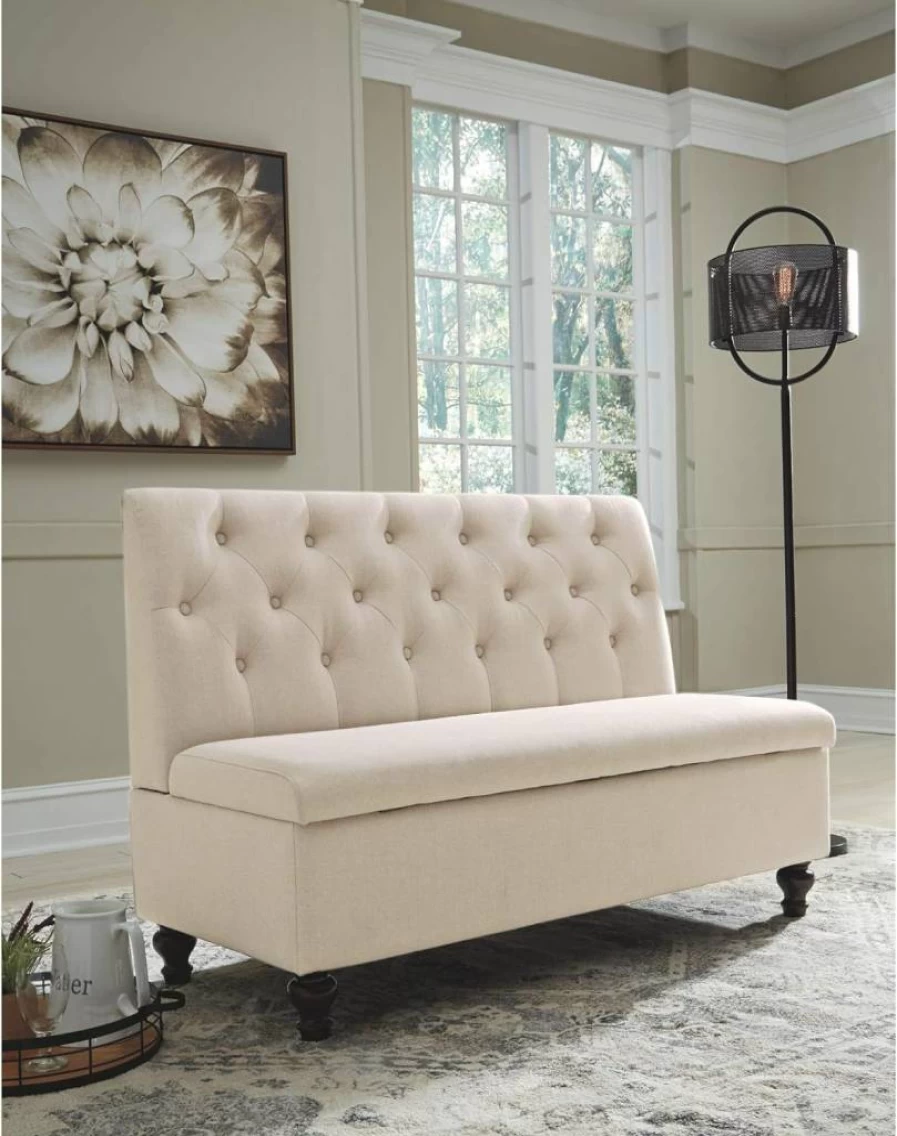 Signature Design by Ashley Gwendale Tufted Storage Bench with French Country Style in Beige