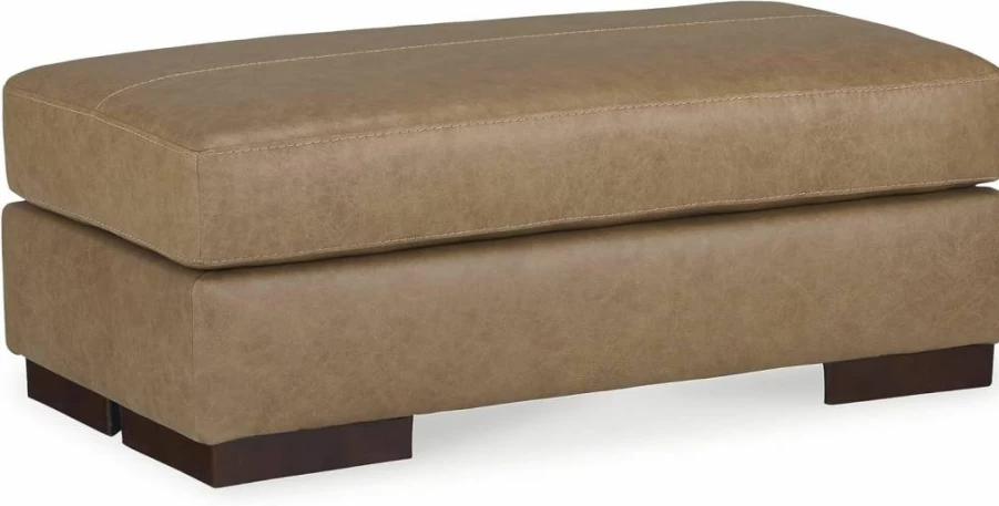 Signature Design by Ashley Lombardia Brown Leather Ottoman - Firm Cushioned Contemporary Rectangular Footrest
