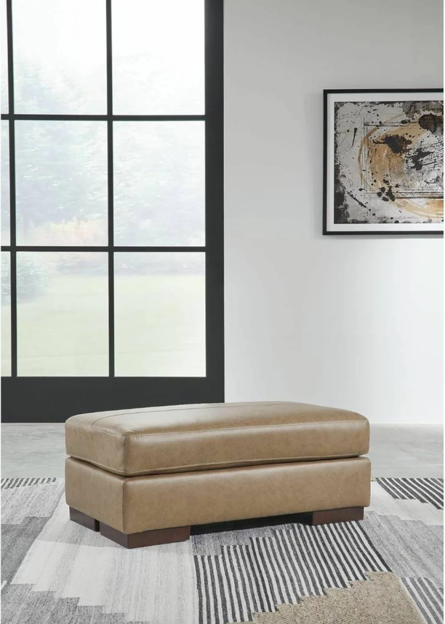 Signature Design by Ashley Lombardia Brown Leather Ottoman - Firm Cushioned Contemporary Rectangular Footrest
