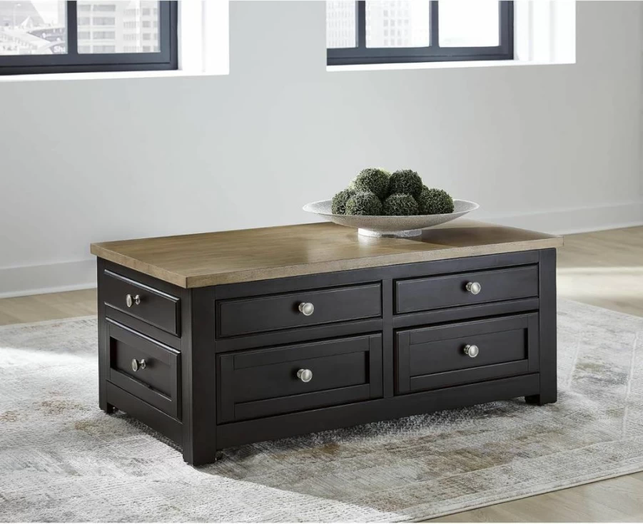 Signature Design by Ashley Drazmine Lift-Top Coffee Table with Storage Drawers, Dark & Light Brown Finish, Roller Casters, Casual Living Room Furniture