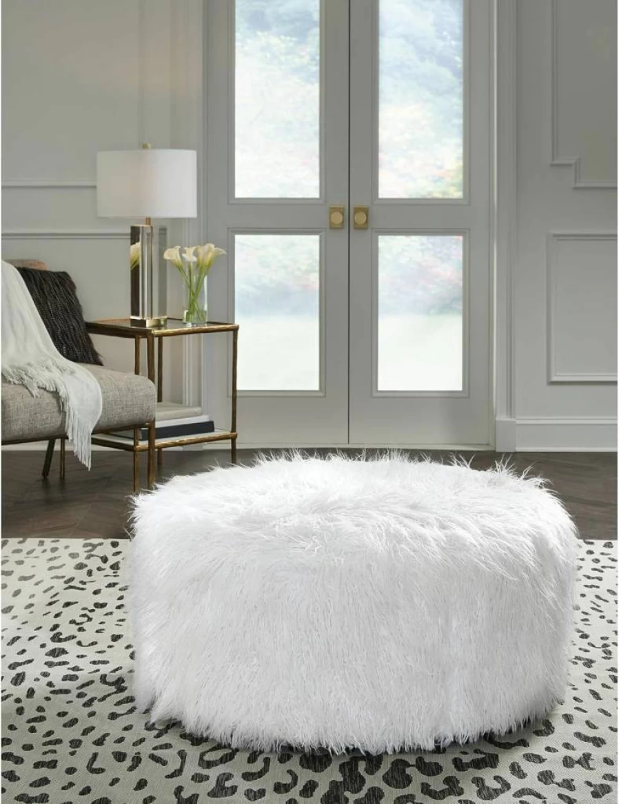 Signature Design by Ashley Galice White Faux Fur Oversized Accent Ottoman - Luxurious Casual Footrest Pouf