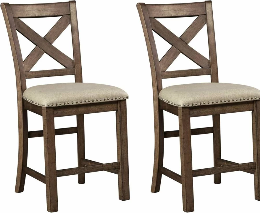 Signature Design by Ashley Robbinsdale 24.75" Farmhouse Counter Height Bar Stool Set of 2 - White & Light Gray Upholstered Armless Stools with Foot Rest