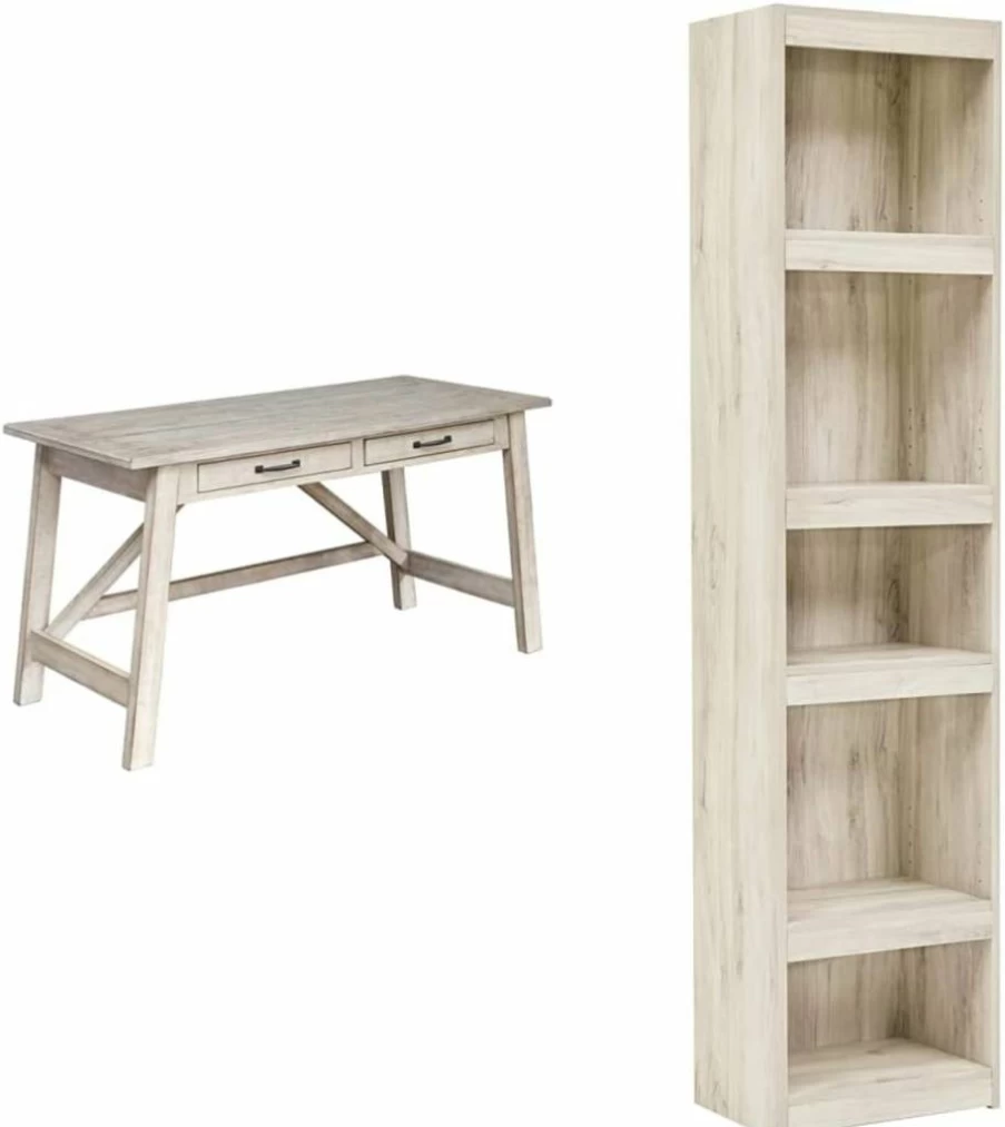 Signature Design by Ashley Carynhurst 60" Farmhouse Office Desk with Drawers, Distressed White Finish, Rustic Home Workspace
