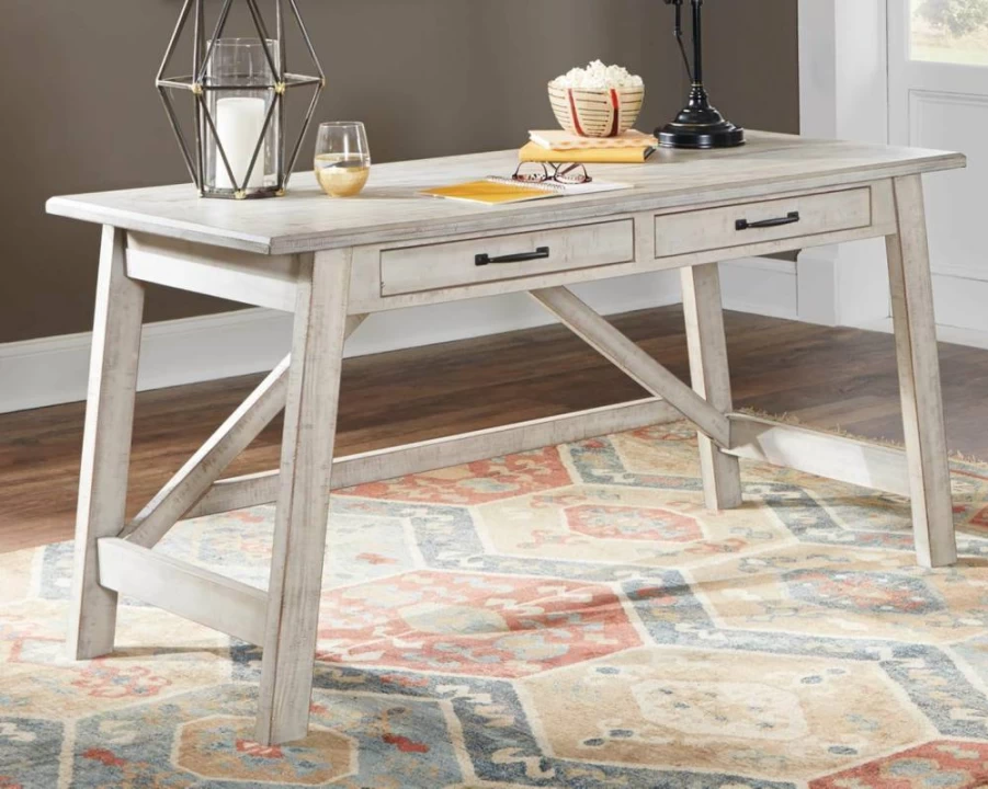 Signature Design by Ashley Carynhurst 60" Farmhouse Office Desk with Drawers, Distressed White Finish, Rustic Home Workspace