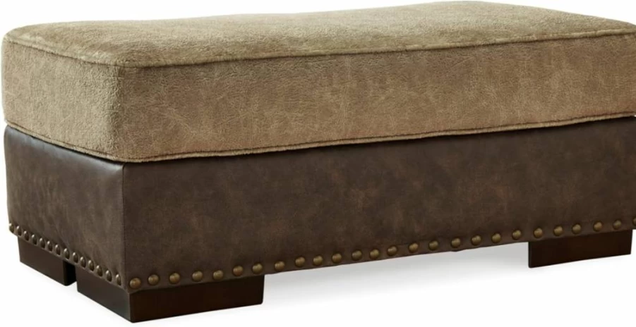 Signature Design by Ashley Alesbury Modern Rectangular Ottoman with Nailhead Trim in Light Brown - Stylish Footrest and Storage Bench