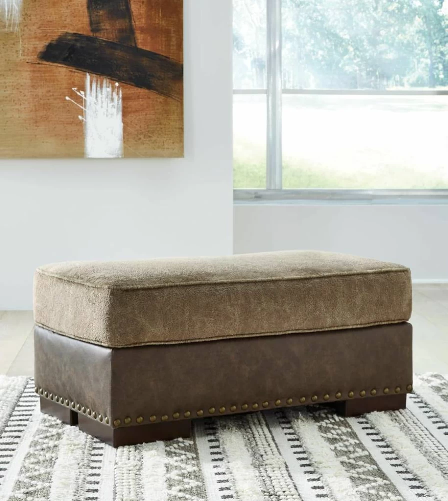 Signature Design by Ashley Alesbury Modern Rectangular Ottoman with Nailhead Trim in Light Brown - Stylish Footrest and Storage Bench