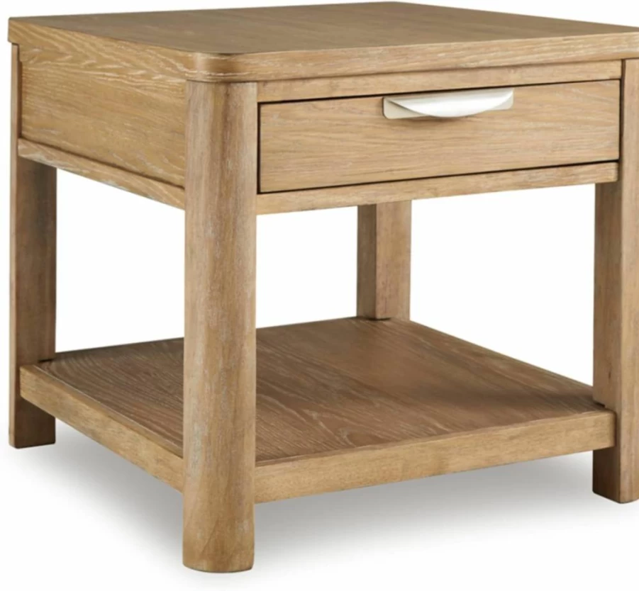 Signature Design by Ashley Rencott Light Brown End Table with 1 Drawer, Lower Shelf & Wire-Brushed Finish