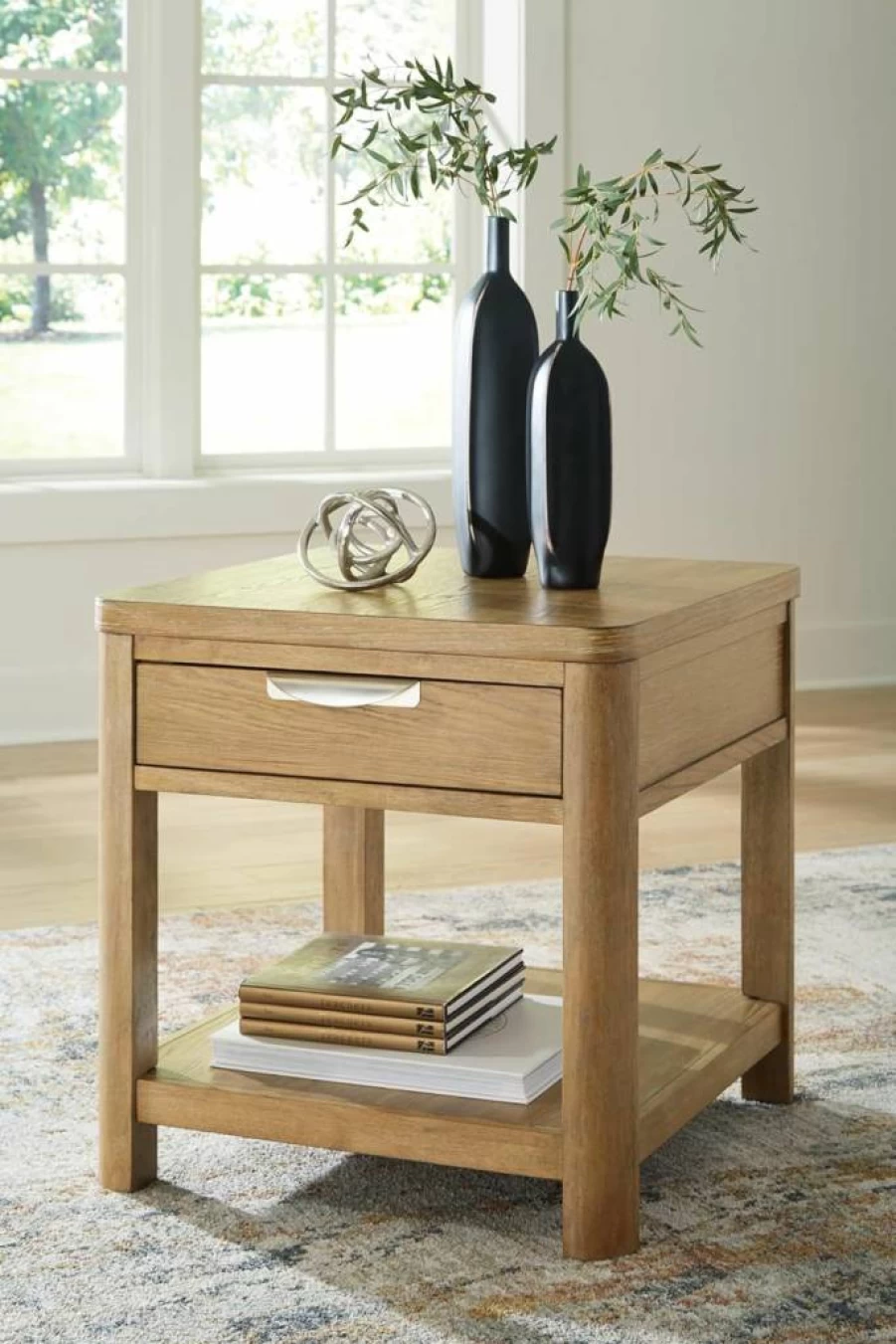 Signature Design by Ashley Rencott Light Brown End Table with 1 Drawer, Lower Shelf & Wire-Brushed Finish