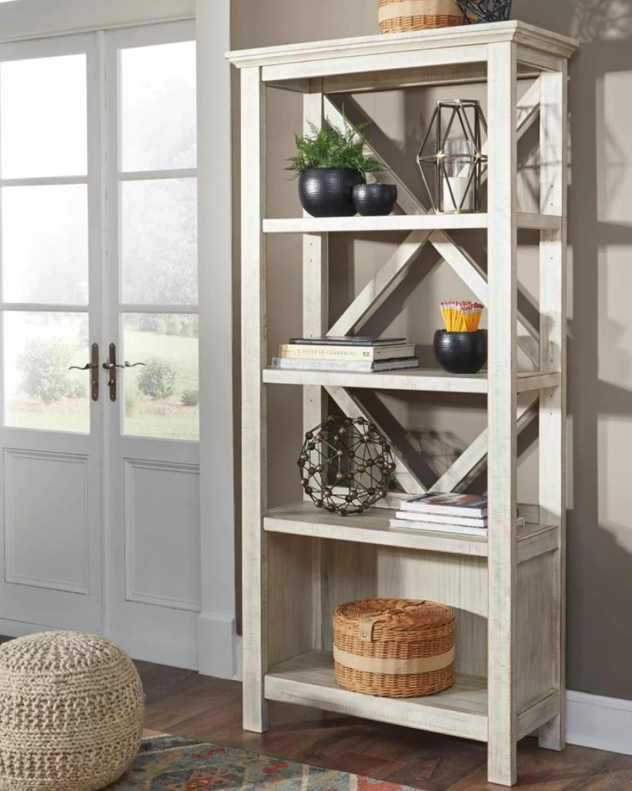 Signature Design by Ashley Carynhurst 75" Rustic Farmhouse White Bookcase with 4 Shelves - Solid Wood Storage Shelf