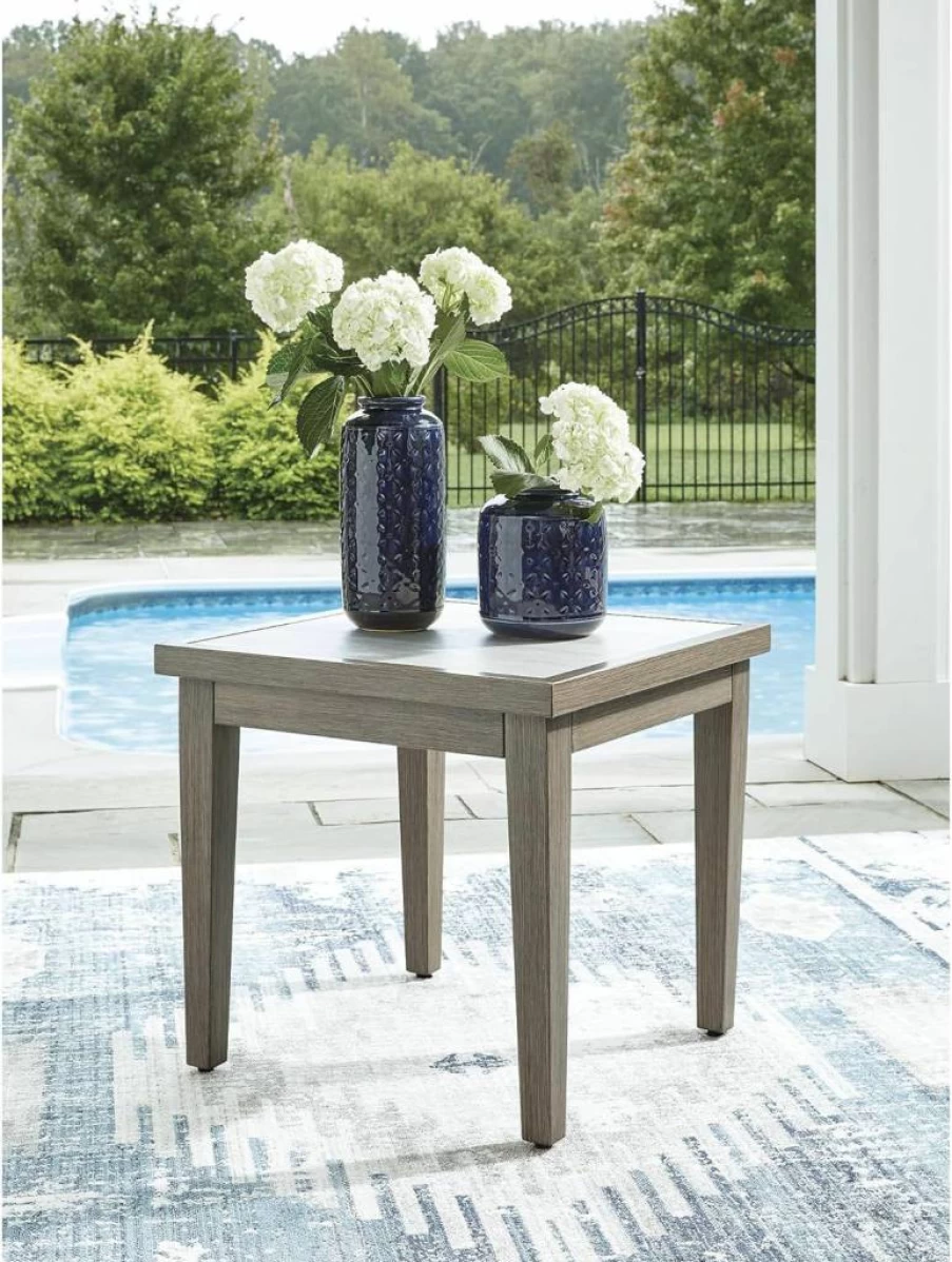 Signature Design by Ashley Rainier Ranch Modern Outdoor End Table - Light Brown & Beige Sintered Stone Top with 4 Legs