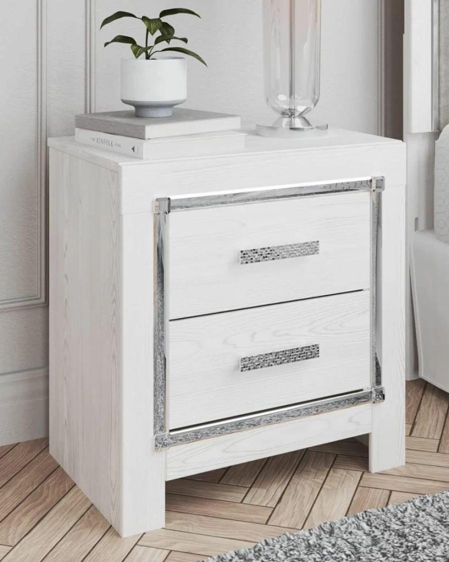 Signature Design by Ashley Kaydell Glam Nightstand - Black Faux Alligator 2-Drawer Bedside Table with Chrome Accents, 24.41" Height