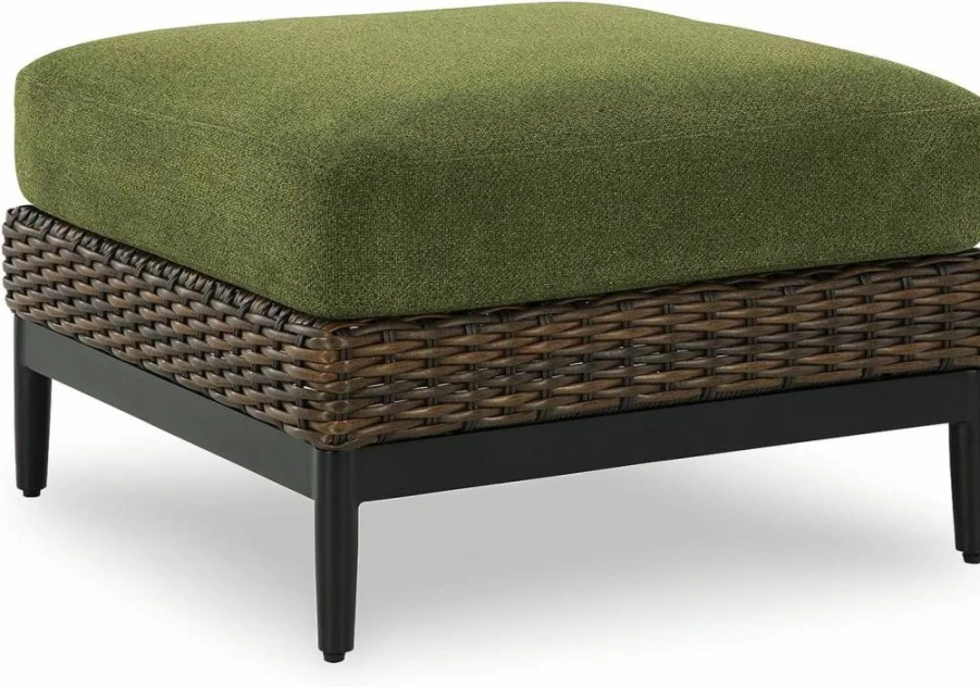 Signature Design by Ashley Green & Light Brown Weather-Resistant Outdoor Ottoman with Cushion, Square Casual Patio Furniture
