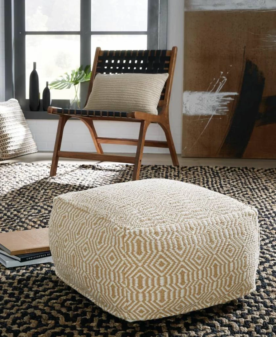 Signature Design by Ashley Abacy Handwoven Square Pouf - Geometric Pattern, Green & Beige Casual Ottoman