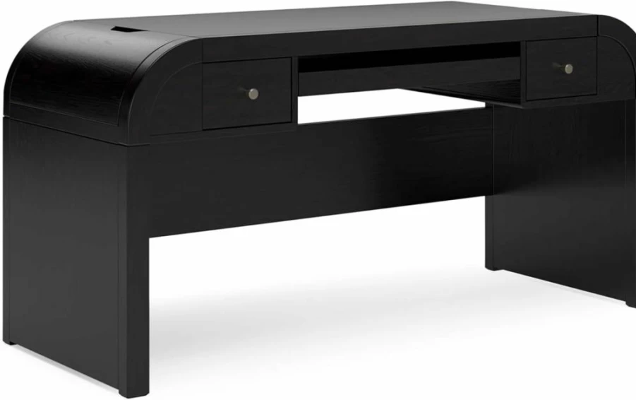 Signature Design by Ashley Rowanbeck Modern 60" Office Desk with Keyboard Tray, USB Ports, Cord Management & Storage Bins - Black Contemporary Workspace