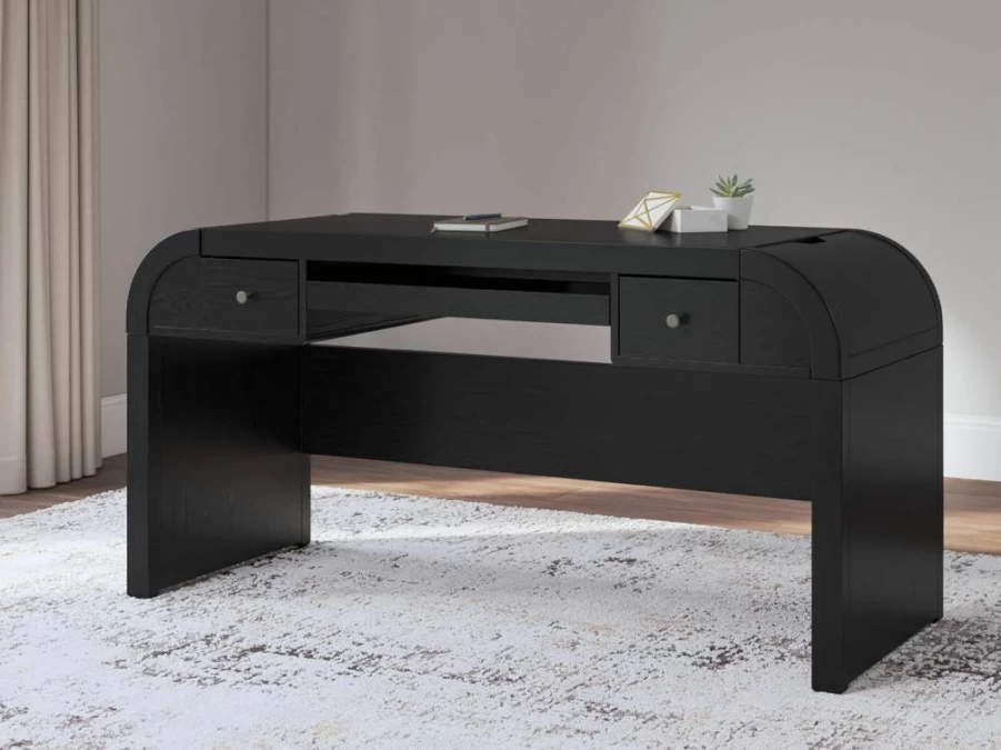 Signature Design by Ashley Rowanbeck Modern 60" Office Desk with Keyboard Tray, USB Ports, Cord Management & Storage Bins - Black Contemporary Workspace