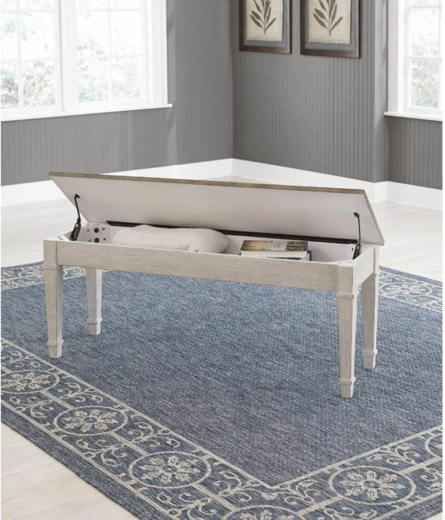 Signature Design by Ashley Skempton Farmhouse Style Storage Bench - White & Light Brown Entryway Seating with Storage