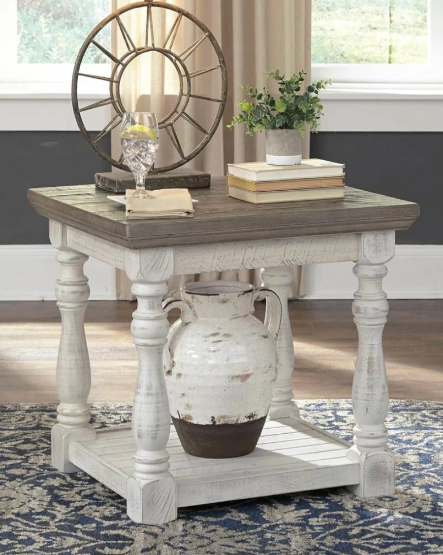 Signature Design by Ashley Havalance Farmhouse End Table with Shelf - Vintage Gray & White Weathered Finish, Square Living Room Side Table