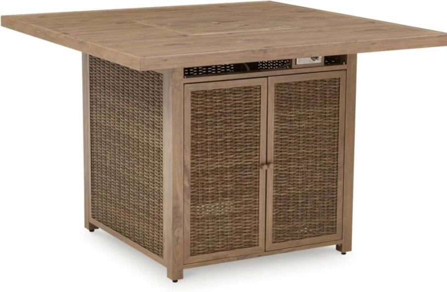 Signature Design by Ashley Walton Bridge Outdoor Bar Table with Fire Pit, Storage Compartment, Light Brown Finish