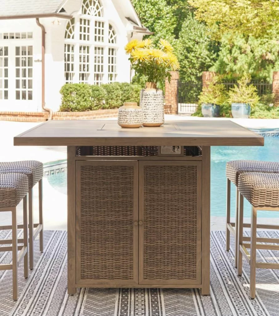 Signature Design by Ashley Walton Bridge Outdoor Bar Table with Fire Pit, Storage Compartment, Light Brown Finish