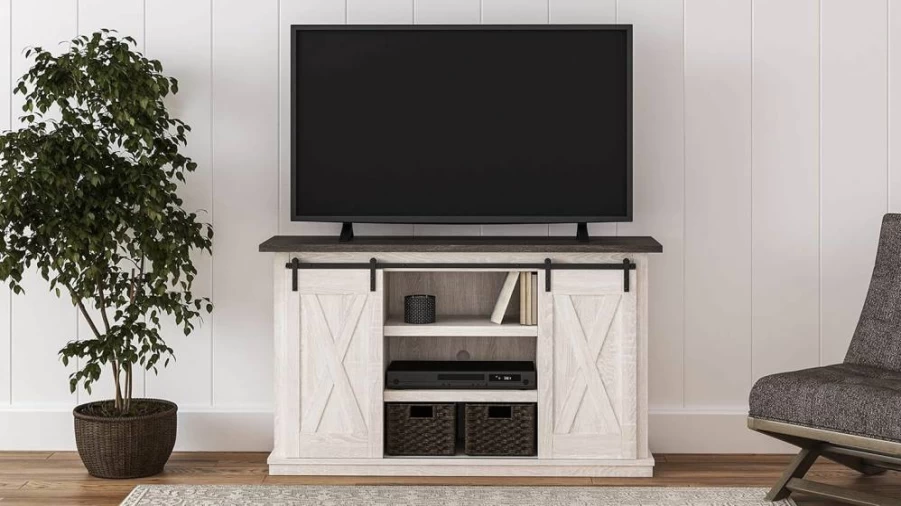 Signature Design by Ashley Arlenbry Farmhouse TV Stand for 52-Inch TVs, Weathered Oak Gray Finish with Sliding Barn Doors, Rustic Living Room Furniture