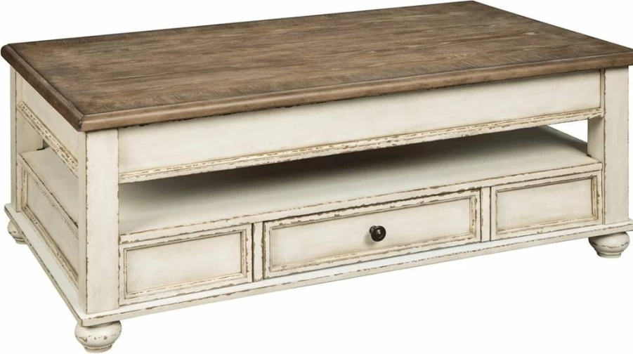 Signature Design by Ashley Realyn Farmhouse Lift-Top Coffee Table with Storage Drawers, White and Brown Rectangular Living Room Center Table