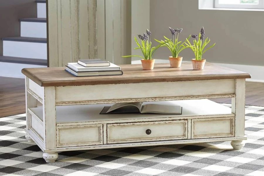 Signature Design by Ashley Realyn Farmhouse Lift-Top Coffee Table with Storage Drawers, White and Brown Rectangular Living Room Center Table
