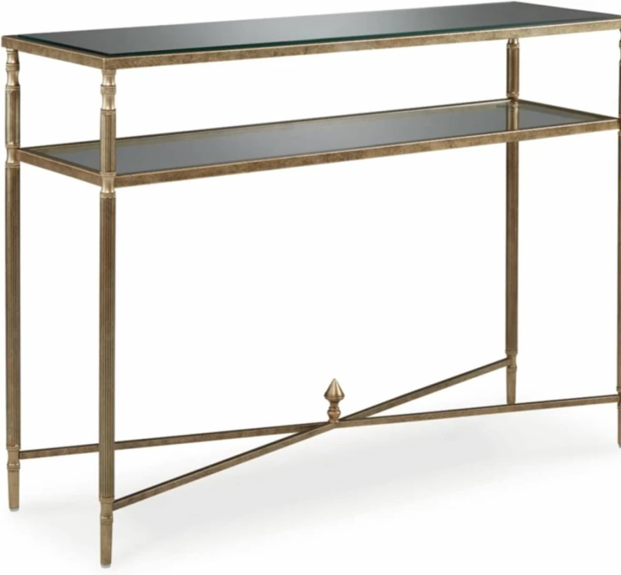 Signature Design by Ashley Cloverty Industrial Sofa Table - Round Metal Legs with Glass Shelf, Metallic Finish Tabletop Mirror Accent
