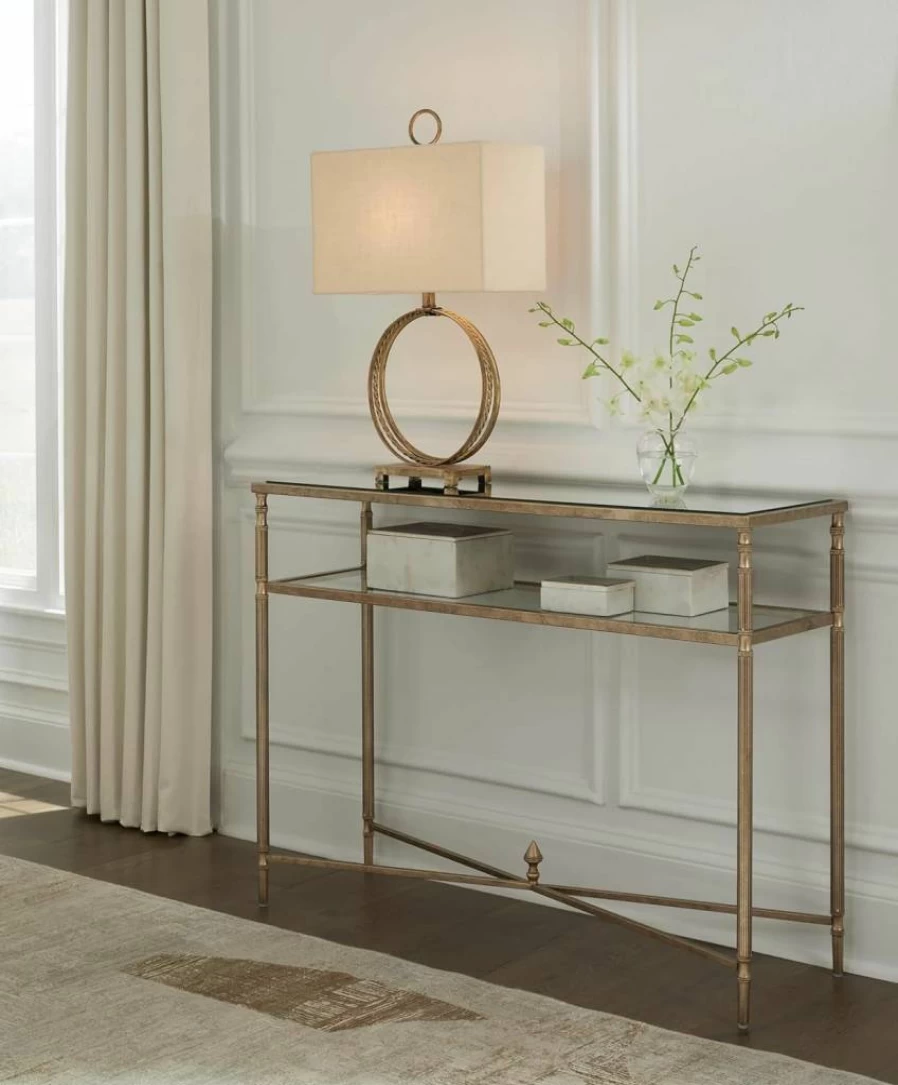 Signature Design by Ashley Cloverty Industrial Sofa Table - Round Metal Legs with Glass Shelf, Metallic Finish Tabletop Mirror Accent
