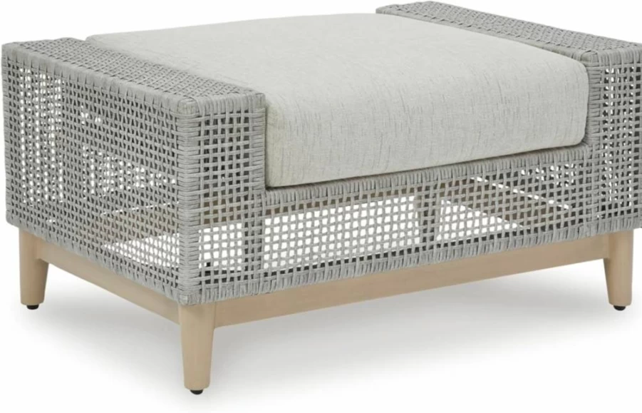 Signature Design by Ashley Seton Creek Outdoor Ottoman - Weather Resistant, Light Gray & Light Brown, Casual Patio Furniture with Cushion