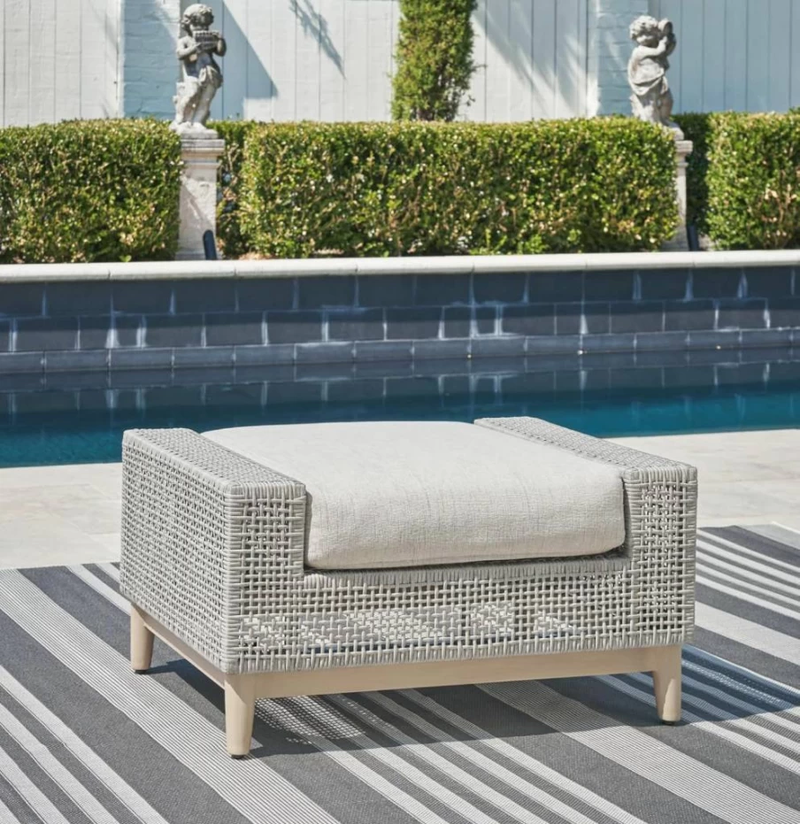 Signature Design by Ashley Seton Creek Outdoor Ottoman - Weather Resistant, Light Gray & Light Brown, Casual Patio Furniture with Cushion