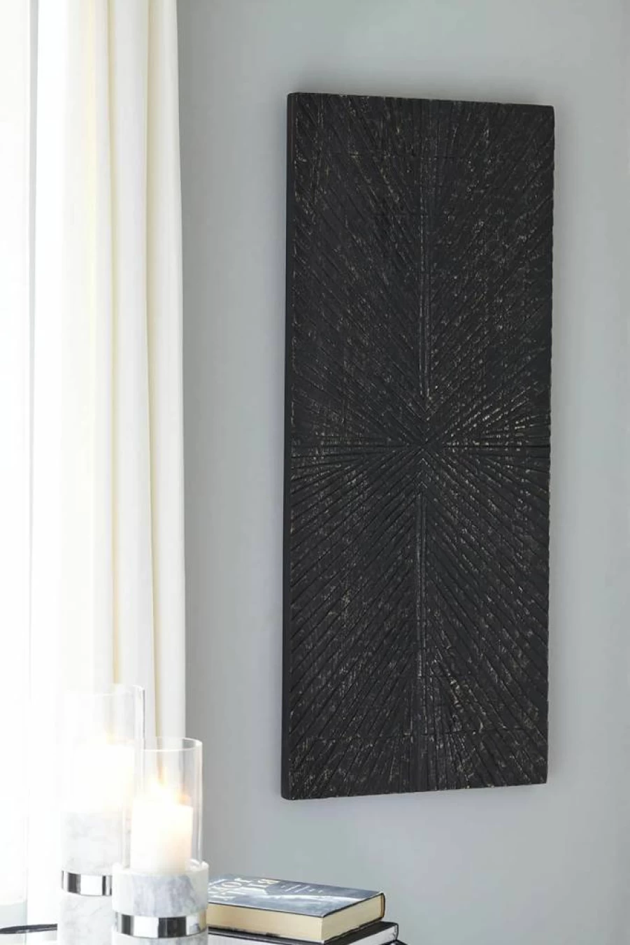Signature Design by Ashley Lenora 20" x 48" Rustic Sunburst Wood Wall Art - Black Modern Farmhouse Decor