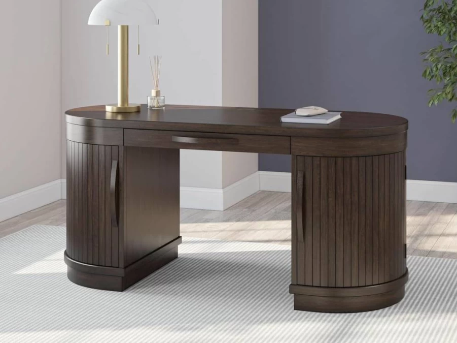 Signature Design by Ashley Korestone 63" Modern Office Desk with 2 Adjustable Shelves, 2 Storage Cabinets & Cord Management - Dark Brown