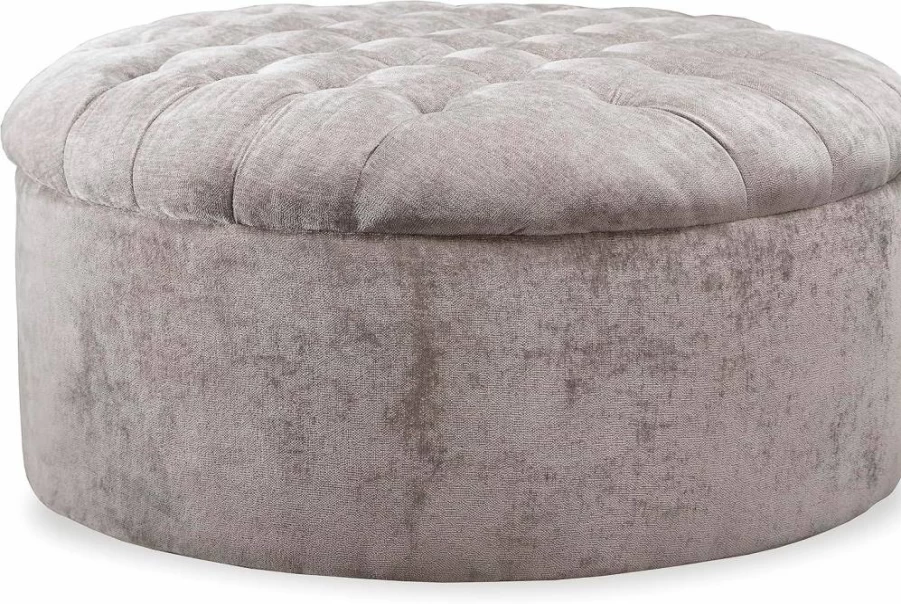 Signature Design by Ashley Carnaby Velvet Tufted Round Ottoman Glam Silver Oversized Footstool Pouf