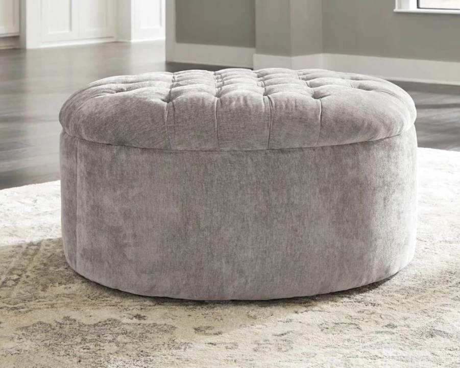 Signature Design by Ashley Carnaby Velvet Tufted Round Ottoman Glam Silver Oversized Footstool Pouf