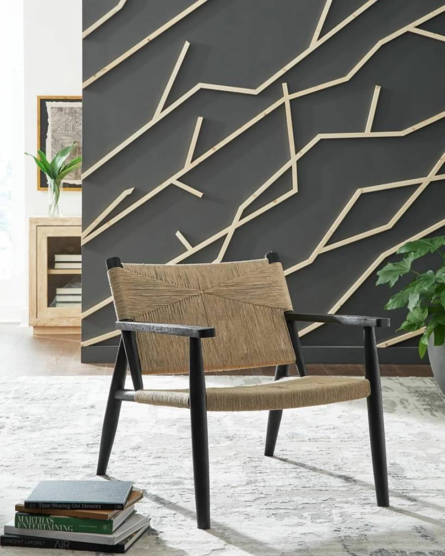 Signature Design by Ashley Halfmore Mid-Century Modern Accent Chair - Light Brown & Black Jute Upholstery, Track Arms, Compact Seat