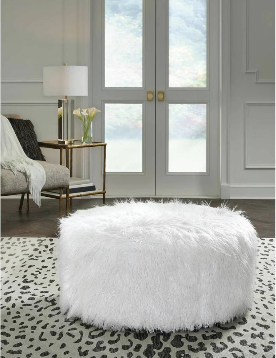 Signature Design by Ashley Galice Light Gray Faux Fur Oversized Accent Ottoman - Casual Living Room Footrest Pouf