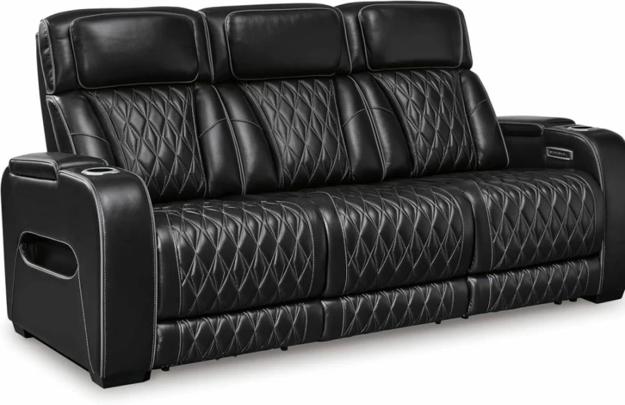 Signature Design by Ashley Warnerton Brown Faux Leather Power Reclining Loveseat with Center Console