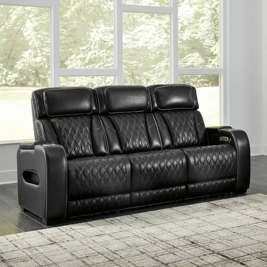 Signature Design by Ashley Warnerton Brown Faux Leather Power Reclining Loveseat with Center Console